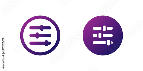 Adjust Slider Icon Set. A purple gradient icon of a horizontal slider with adjustment markers, ideal for media players or settings interfaces.
