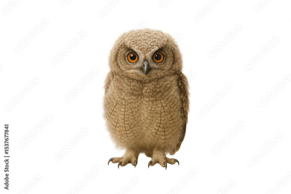 Naklejka premium Baby owl standing on transparent background. Fluffy feathers and big round eyes showing natural cuteness. Perfect for educational materials, wildlife illustrations, and nature-themed designs