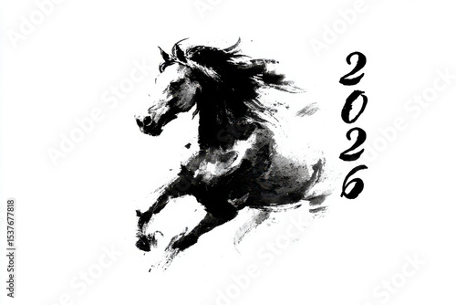 Expressive black ink horse for Chinese Year of the Horse 2026 celebration
