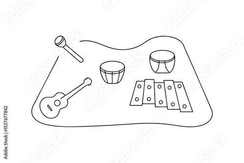 Continuous line art musical instruments ukulele drums xylophone maracas