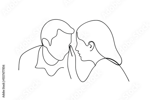 Continuous line art romantic couple whispering secret