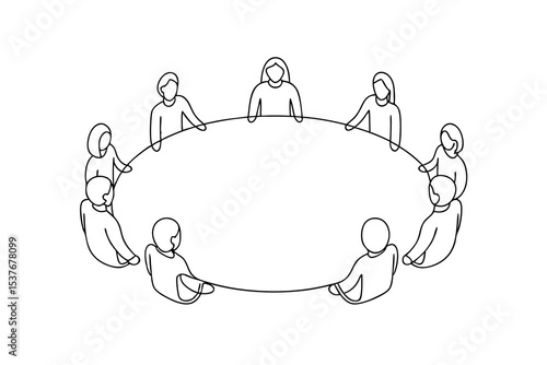 Eight people sitting around a table continuous line art illustration