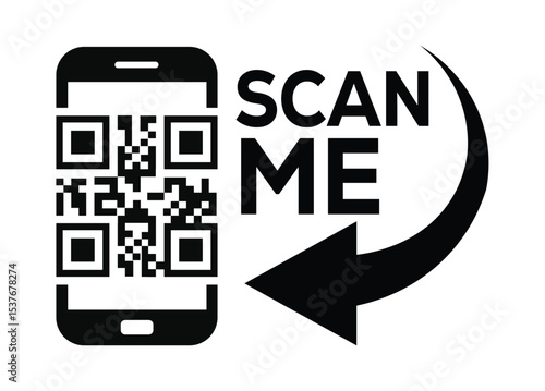 Minimalist black outline smartphone held vertically. Screen displays centered black and white QR code. Straight-on view, clean illustrative style. Isolated on white, no background. Simple digital tech
