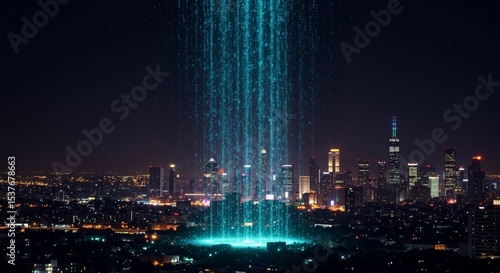 Wallpaper Mural Futuristic data stream converging over a glowing cityscape at night Torontodigital.ca