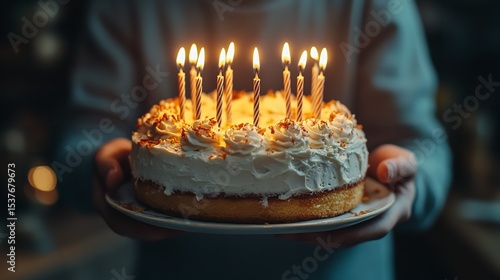 Birthday Cake with Lit Candles in Cozy Home Celebration