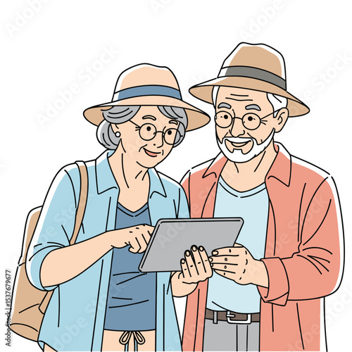 Senior couple using tablet for travel planning and navigation, vector illustration, flat design