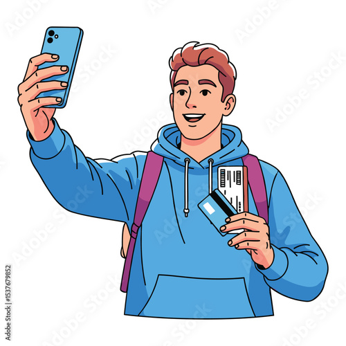Traveler Taking Selfie with Phone, Tickets, and Credit Card, Vector Illustration