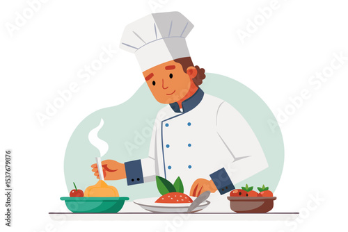 A skilled chef, wearing a toque and a double-breasted jacket, meticulously plates a dish in a professional kitchen setting.