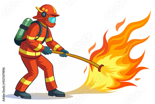 
A courageous firefighter, fully equipped with a helmet and oxygen tank, bravely extinguishes a large, roaring fire with a hose.