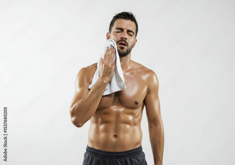 Fototapeta premium Exhausted athletic man wiping sweat after intense workout session on white