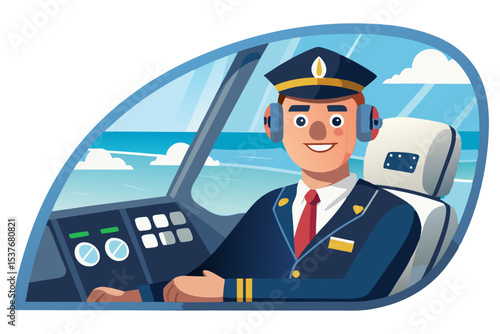 A smiling pilot in uniform sits in the cockpit, with controls and a view of the sky and sea visible through the window.