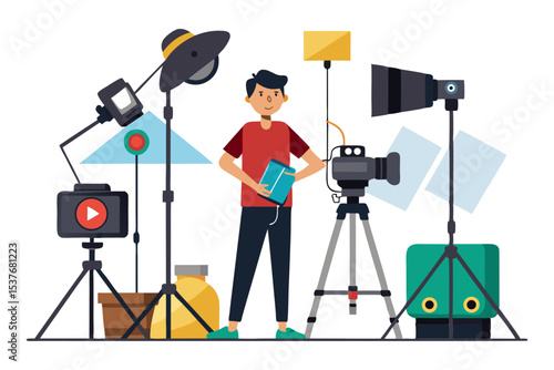 A photographer or videographer stands amidst professional studio equipment, including cameras, tripods, and various lighting setups, indicating media production.