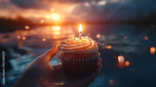 Hand Holding Cupcake with Lit Candle 