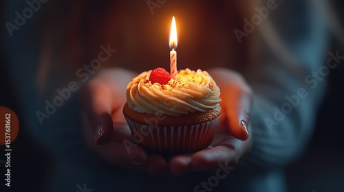 Hand Holding Cupcake with Lit Candle 
