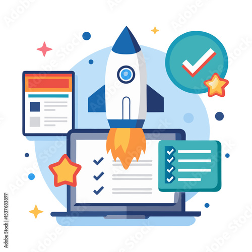 A rocket launches from a laptop displaying a checklist, surrounded by stars, a completed task icon, and a document, symbolizing startup launch, project success, and business growth.
