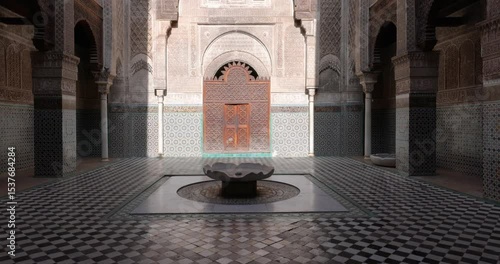 Courtyard views of Al Attarine Madrasa, a 14th-century school for Islamic studies featuring ornate tile work & dramatic architecture, in the old town Medina of Fez el Bali, Fez, Morocco