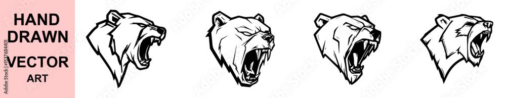 Fototapeta premium Hand drawn roaring bear head vector logo, aggressive wild animal face illustration for mascot, sports team emblem, hunting or adventure branding