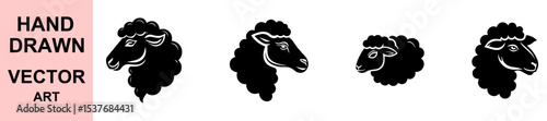 Hand drawn sheep head vector icon, wool animal illustration in profile for farm logo, agriculture design, vintage cartoon black sheep graphics