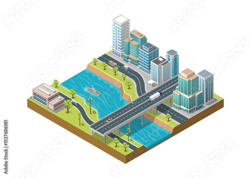 Isometric city with modern skyscraper buildings and beautiful big river