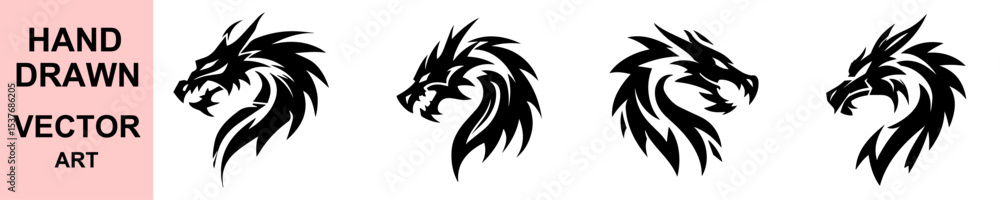 Fototapeta premium Hand drawn tribal dragon head vector illustrations set, aggressive fantasy reptile designs, tattoo style mythical creature graphics for logo, emblem, or decor use