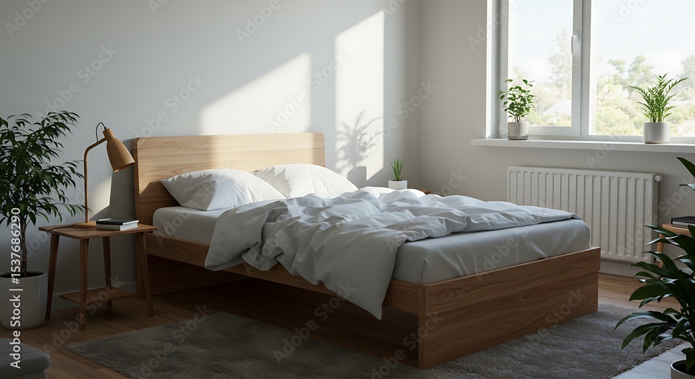 Fototapeta premium A bedroom with a wooden bed frame, white bedding, plants, and a lamp on a bedside table near a window