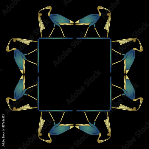 Geometrical square ethnic frame design with sacred ibises. Ancient Egyptian god Thoth as sacred bird holding Maat feather.