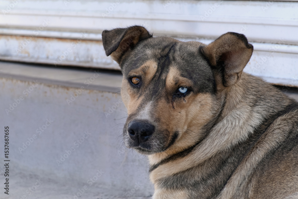 Dog with unique eye color resting on steps during daylight in a quiet neighborhood Dog with unique eye color resting on steps during daylight in a quiet neighborhood