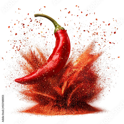 Red chili pepper with spice explosion for food ingredient concept isolated on transparent background, png 