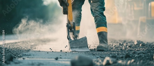 A detailed view of a construction worker operating a jackhammer to break concrete on a road construction site, Road construction scene, Demolition operation style