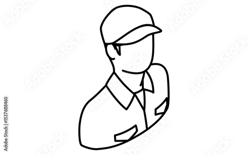 Isometric line illustration of upper body of car mechanic with cap and work uniform, simple design for automotive maintenance icon, black and white