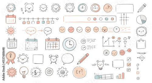 Cute Hand Drawn Doodle Icons for Planning Organization Time Management Business Charts