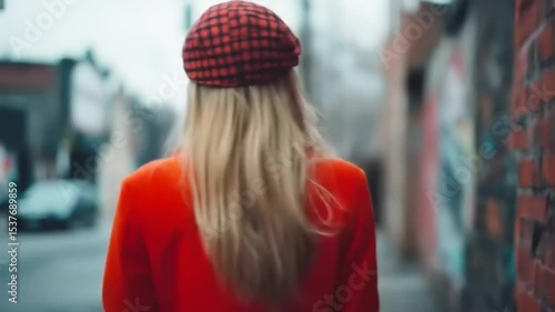 Wallpaper Mural Stylish woman in an orange coat and checkered hat poses against a vibrant graffiti wall in an urban setting Torontodigital.ca