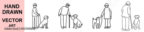 Hand drawn vector illustration of elderly person with dog companion, walking cane, senior lifestyle, pet friendship, care, compassion, aging with dignity, outdoor support concept