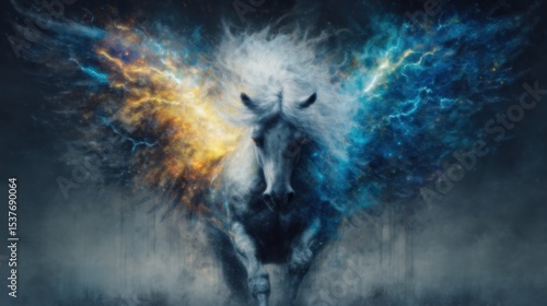 Majestic winged horse, contrasting colors, dynamic pose