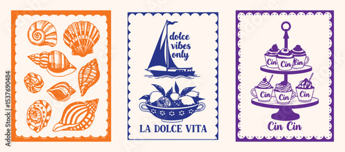 Vintage Mediterranean stamp poster vector trio, orange seashell collection blue boat with lemons and purple pastry stand Cin Cin quote. Coastal decor