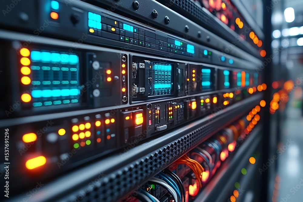 A detailed close-up of a modern data server rack with illuminated displays and cables A detailed close-up of a modern data server rack with illuminated displays and cables