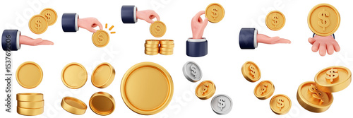 3d money transaction coin finance investment wealth payment income dollar icon set bundle illustration