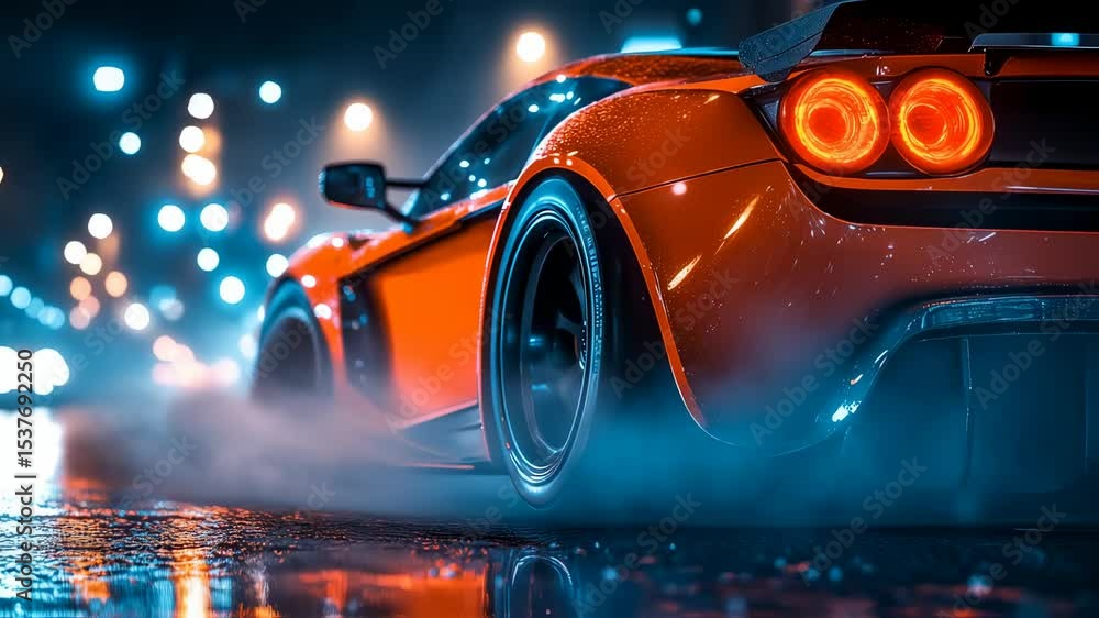 captivating orange sports car showcasing dynamic reflections on a wet city street, illuminated by vibrant bokeh lights at night captivating orange sports car showcasing dynamic reflections on a wet city street, illuminated by vibrant bokeh lights at night