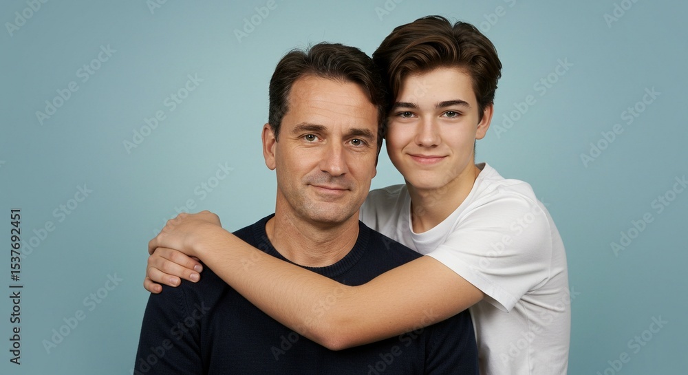 Obraz premium A father and his teenage son pose for a portrait, embracing each other in a loving, familial gesture.