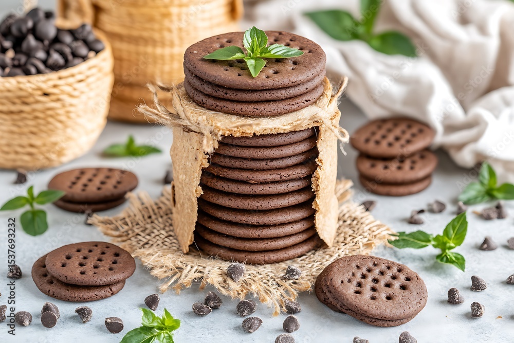Fototapeta premium Artisanal chocolate mint biscuits, handmade dessert stacks presentation