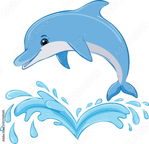 A cute blue dolphin jumping out of the water, forming a heart shape together with a splash of water. The style is simple, flat, and sketchy, using soft blue tones. White background Children's book 