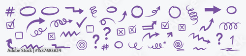 Purple hand drawn marker symbol vector set, arrows, circles, question marks, hashtags, check mark,s scribbles, curly lines. Perfect for notes and infographic highlights