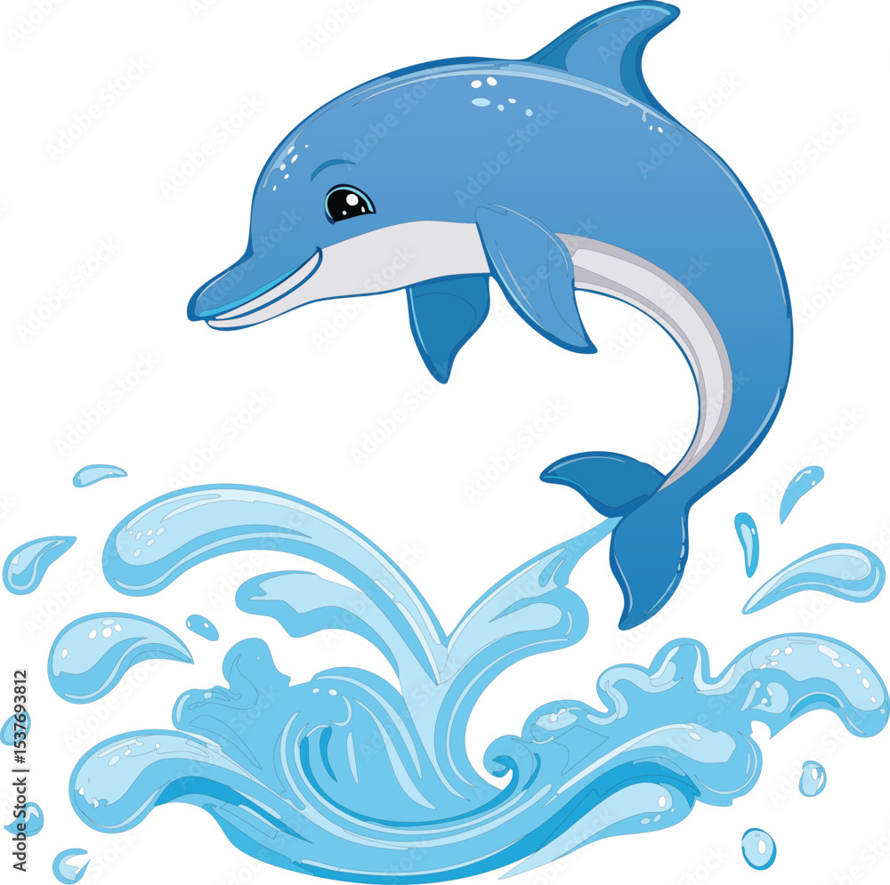 Fototapeta premium A cute blue dolphin jumping out of the water, forming a heart shape together with a splash of water. The style is simple, flat, and sketchy, using soft blue tones. White background Children's book