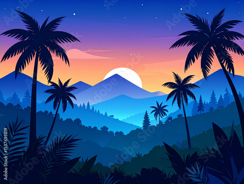  California Sunset Nature Panorama with Palm Trees, Exotic Landscape Vector 