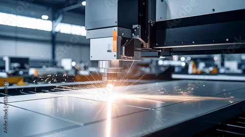 Automated laser cutting machine precisely cutting a sheet of metal in industrial factory with bright sparks, metalworking concept.