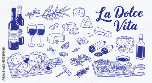 La Dolce Vita picnic set. Hand drawn minimalist art. Girly summer outdoor party. La Dolce Vita Italian food illustration, blue line charcuterie wine cheese salami olive antipasto