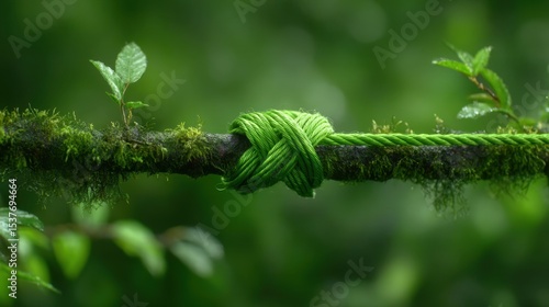 Green rope tied to a mossy branch in a lush forest