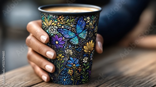Hand holding a decorative coffee cup with floral and butterfly design