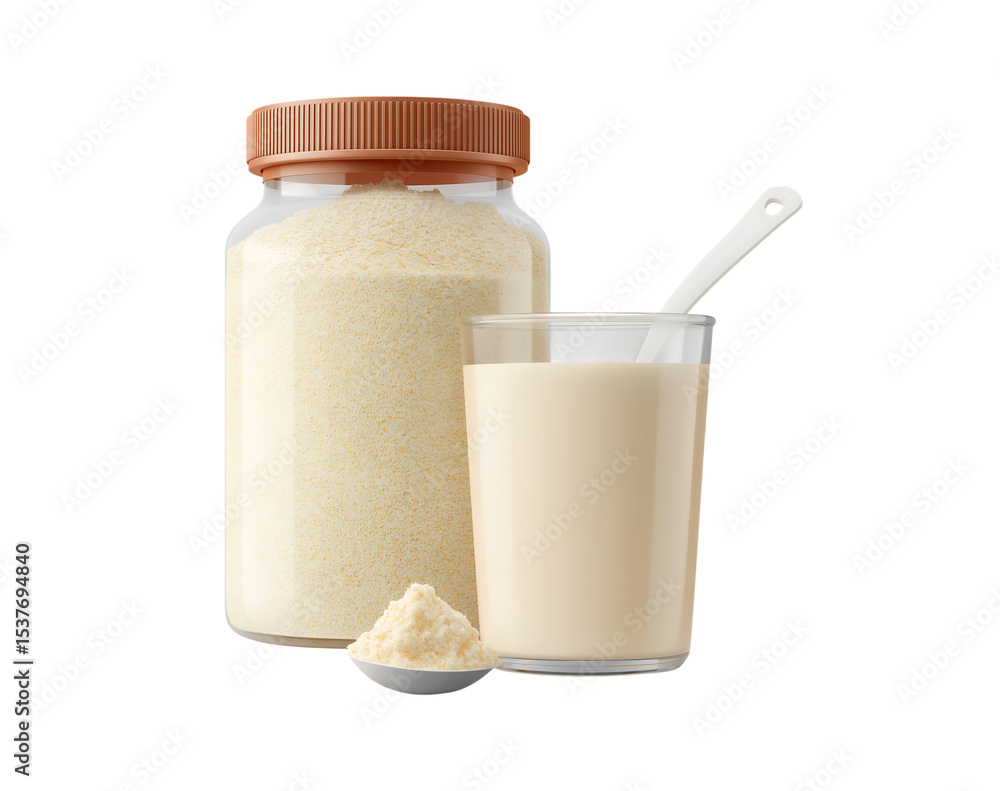 Powder container with a cream-colored dry protein mix next to it isolated on a transparent background. Powder container with a cream-colored dry protein mix next to it isolated on a transparent background.