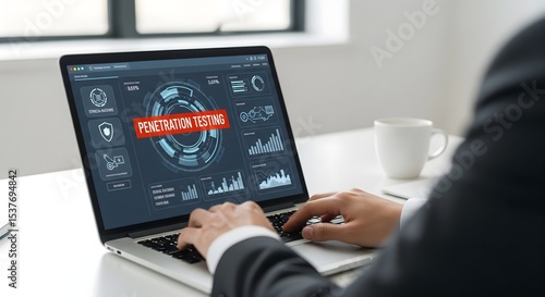 Close-Up of Hands on Laptop Performing Penetration Testing with Digital Security Interface – Perfect for Cybersecurity Websites, Network Protection Tutorials, and Security Consultancy Marketing
